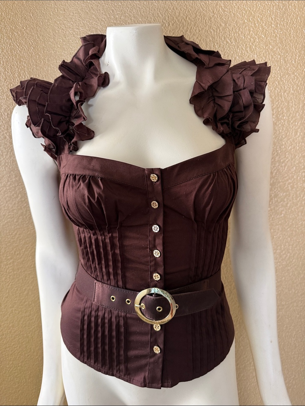 bebe Brown Ruffled Sleeve Corset-Style Blouse